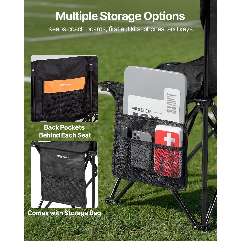 VEVOR Portable Folding Bench, 6 Seat Soccer Bench with Multiple Storage Pockets & Carrying Bag, Lightweight Sideline Seating with Back Rest for Football, Baseball, Camping, Outdoor Events, Black