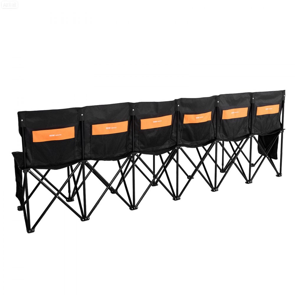 VEVOR Portable Folding Bench, 6 Seat Soccer Bench with Multiple Storage Pockets & Carrying Bag, Lightweight Sideline Seating with Back Rest for Football, Baseball, Camping, Outdoor Events, Black