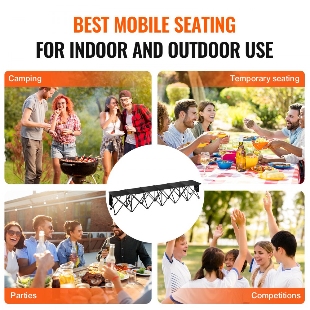 VEVOR Portable Folding Bench, 6 Seat Foldable Soccer Bench with Side Pockets and Carrying Bag, Lightweight 600D Oxford Fabric Sideline Seating, for Football, Baseball, Camping, Outdoor Events, Black