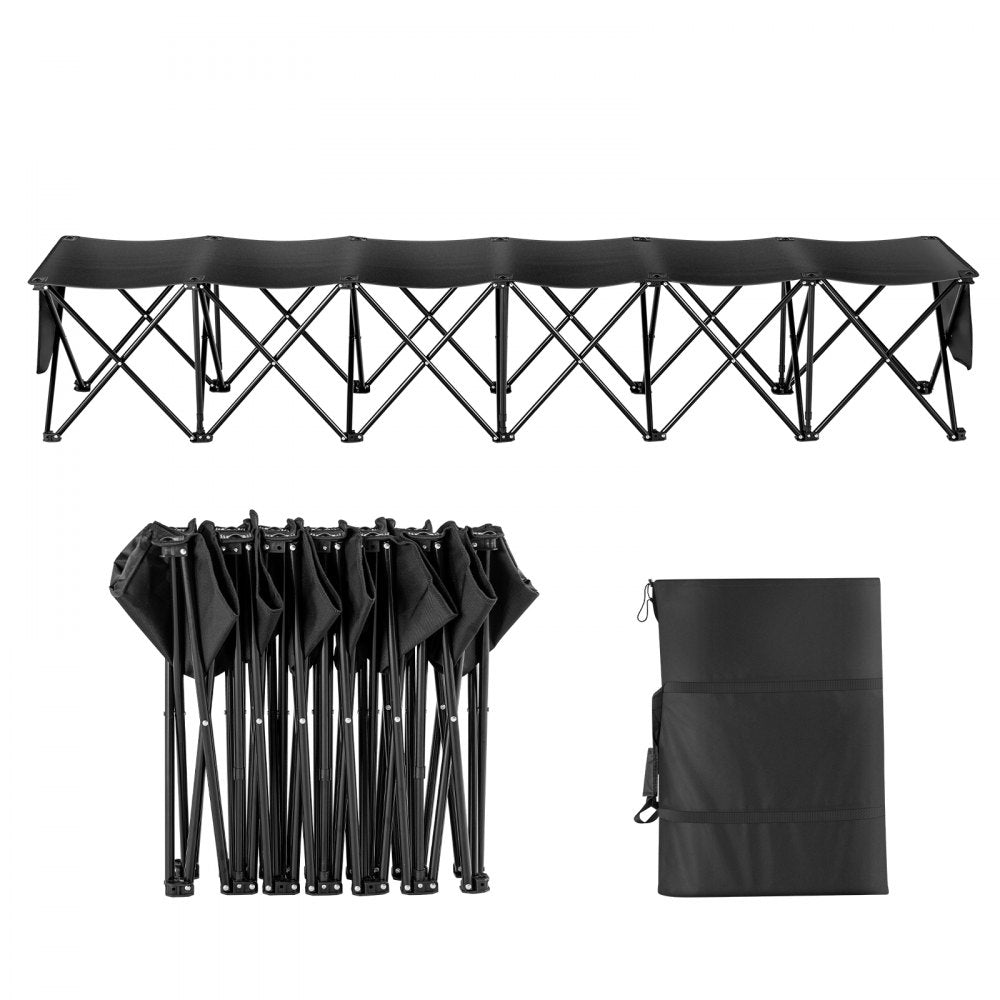 VEVOR Portable Folding Bench, 6 Seat Foldable Soccer Bench with Side Pockets and Carrying Bag, Lightweight 600D Oxford Fabric Sideline Seating, for Football, Baseball, Camping, Outdoor Events, Black