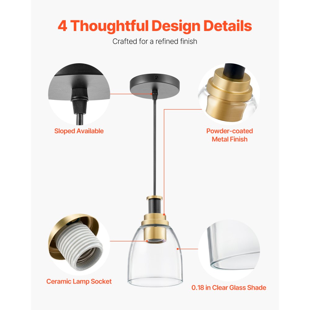 VEVOR 1-Light Pendant Light, 2 Pack, Kitchen Island Lights with Clear Glass Shade & Hanging Cord, Black and Gold Finish, Adjustable Height, Pendant Lighting for Bedroom, Hallway, Entryway, Kitchen