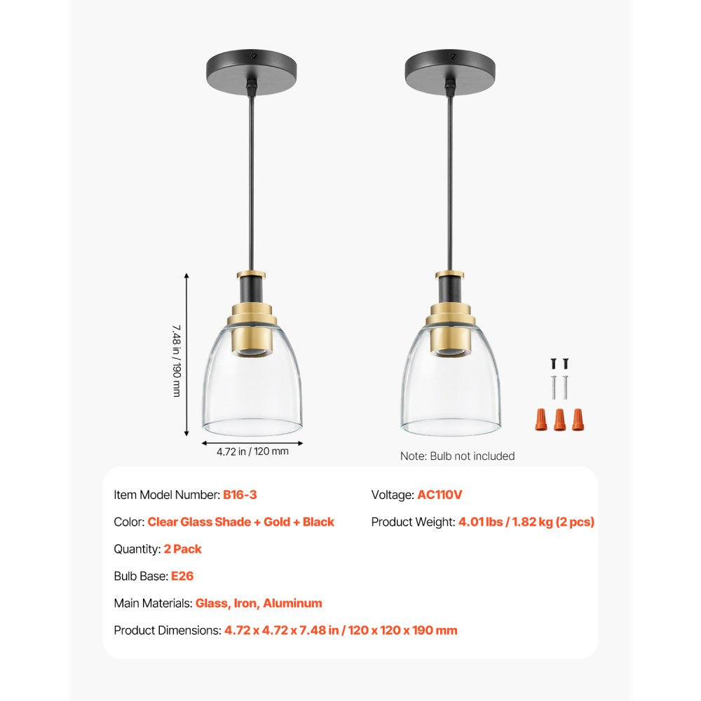 VEVOR 1-Light Pendant Light, 2 Pack, Kitchen Island Lights with Clear Glass Shade & Hanging Cord, Black and Gold Finish, Adjustable Height, Pendant Lighting for Bedroom, Hallway, Entryway, Kitchen