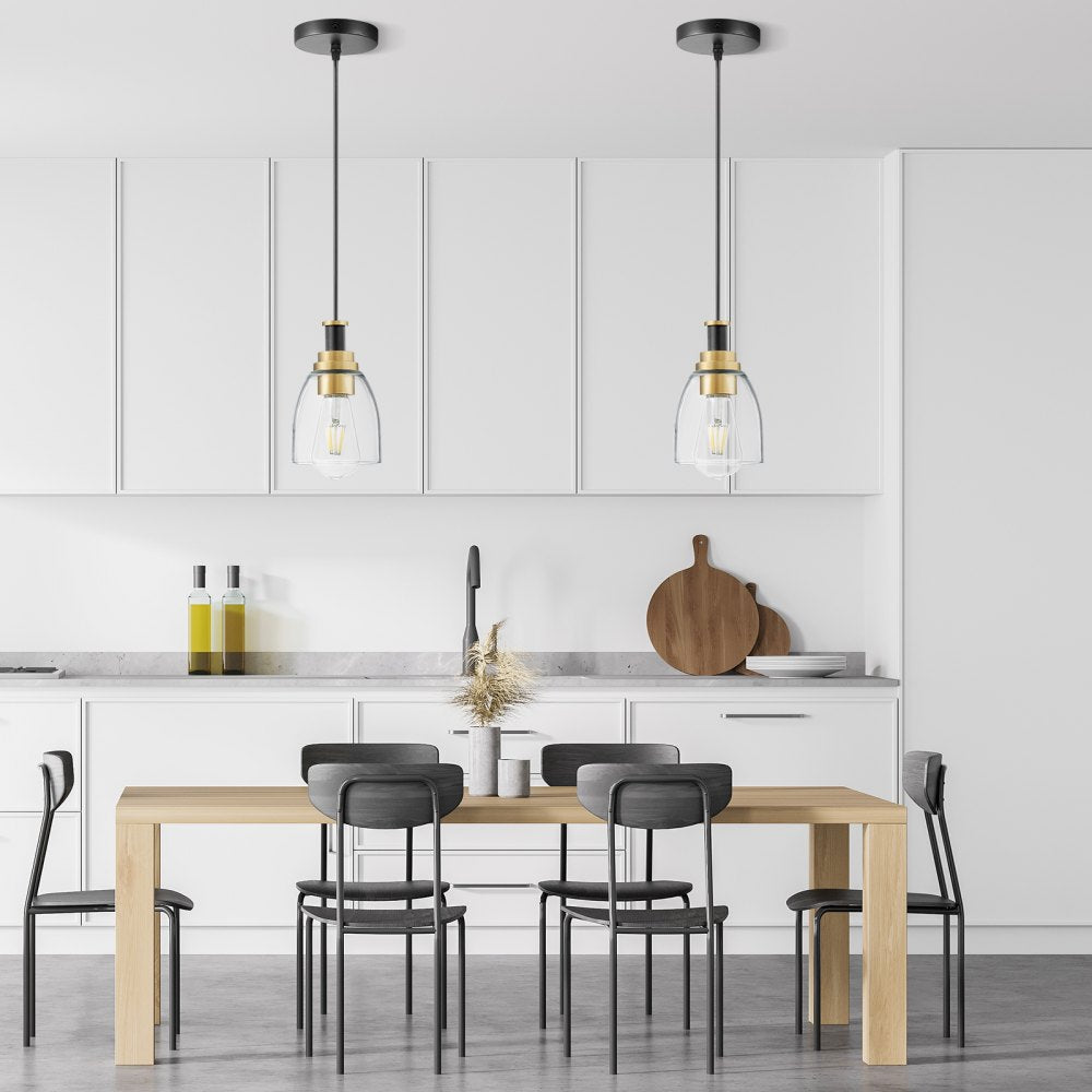 VEVOR 1-Light Pendant Light, 2 Pack, Kitchen Island Lights with Clear Glass Shade & Hanging Cord, Black and Gold Finish, Adjustable Height, Pendant Lighting for Bedroom, Hallway, Entryway, Kitchen