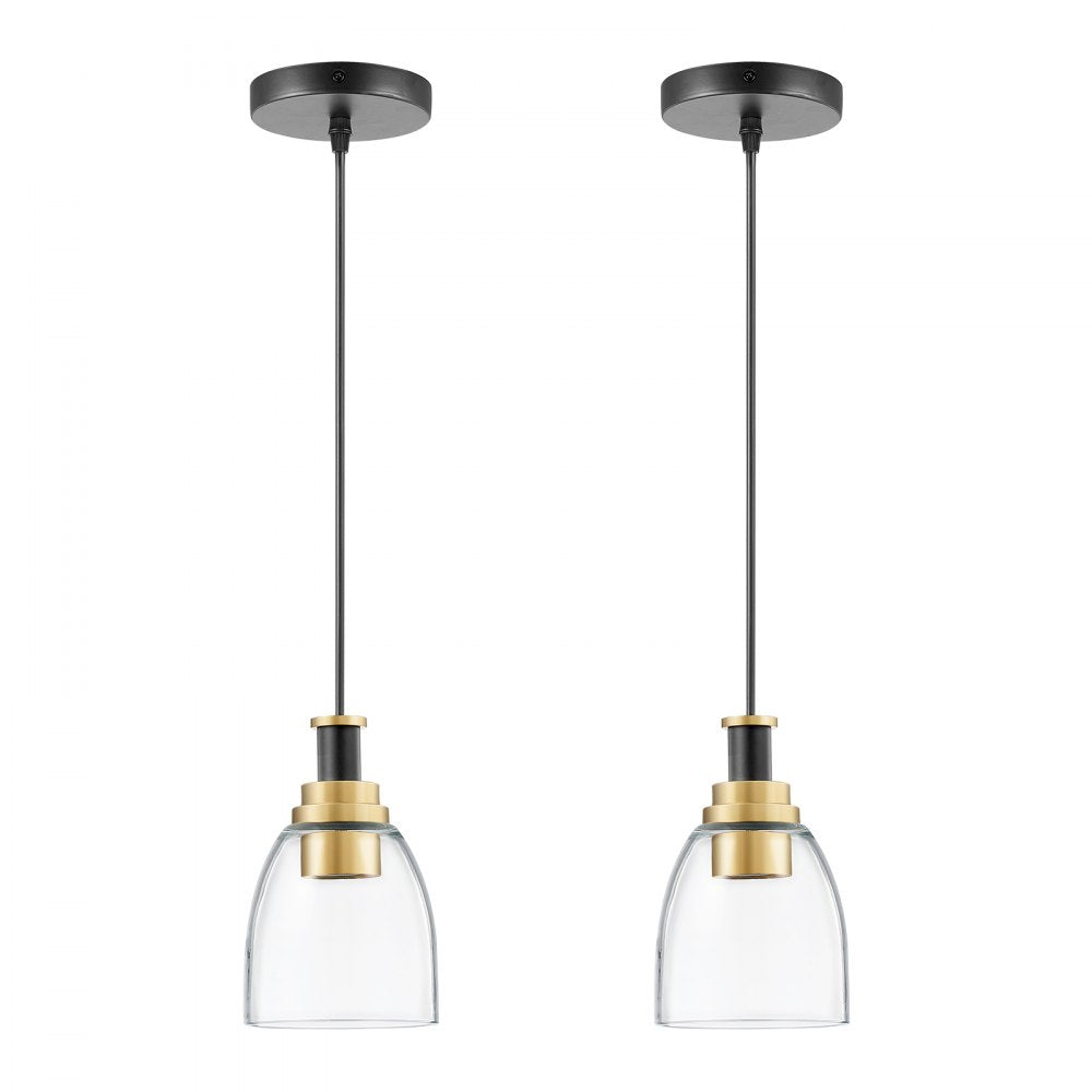 VEVOR 1-Light Pendant Light, 2 Pack, Kitchen Island Lights with Clear Glass Shade & Hanging Cord, Black and Gold Finish, Adjustable Height, Pendant Lighting for Bedroom, Hallway, Entryway, Kitchen