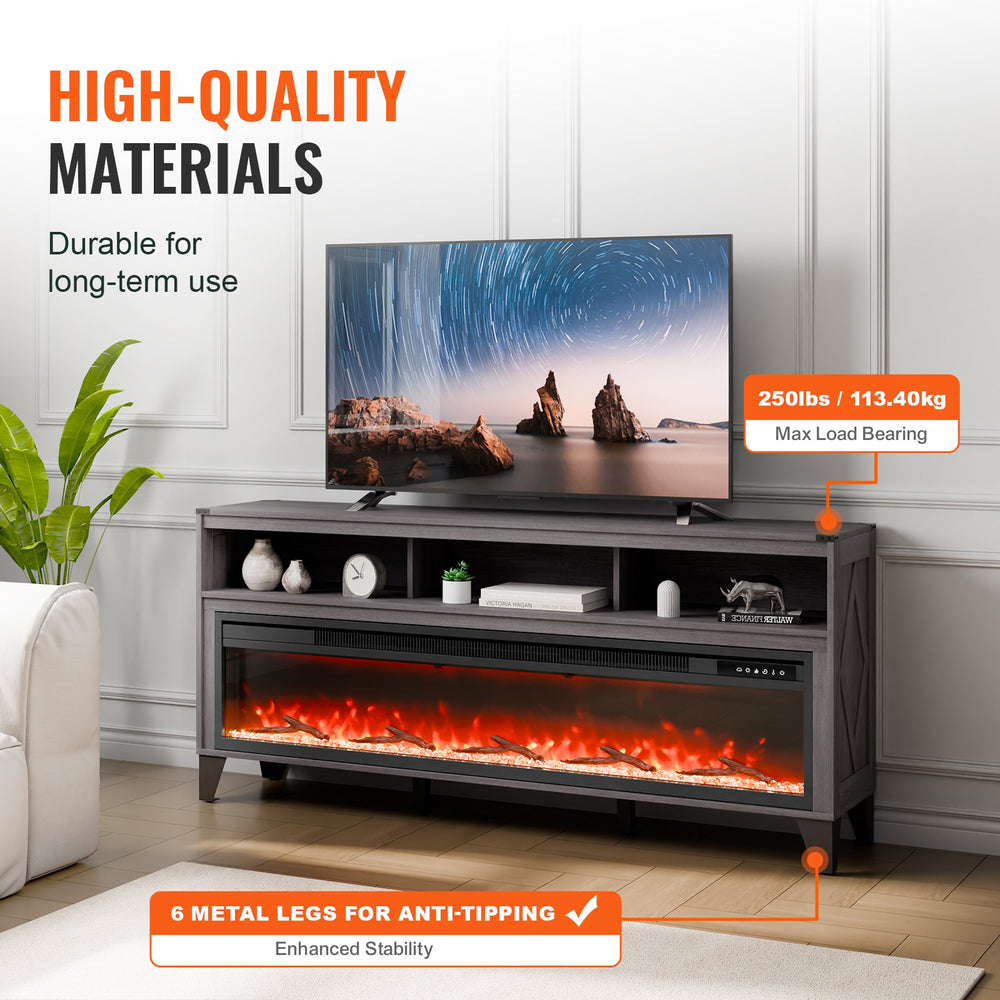VEVOR Fireplace TV Stand - feature graphic (High-quality materials, 250 lbs max load bearing, 6 metal legs anti-tipping)
