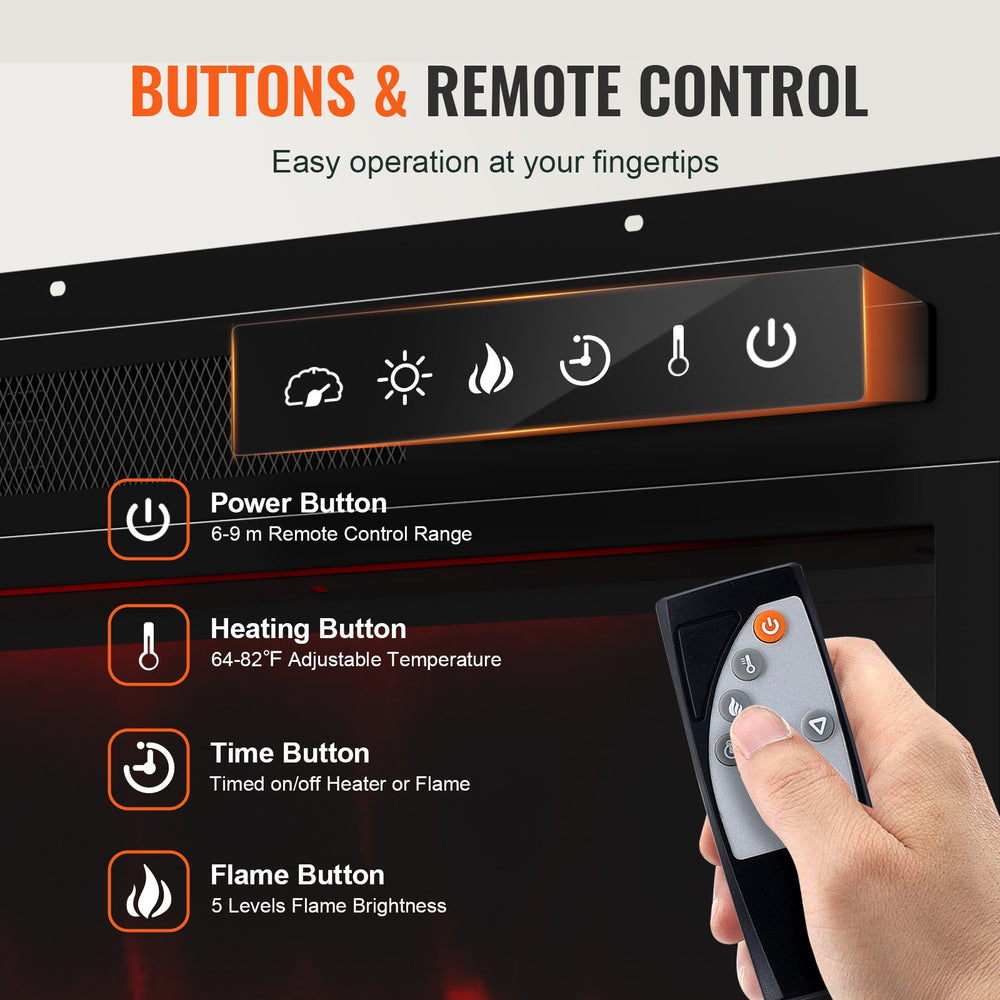 VEVOR Fireplace TV Stand - feature graphic (Buttons & remote control, 6-9 m range, 64-82°F, 1-9H timer, 5 flame brightness levels)
