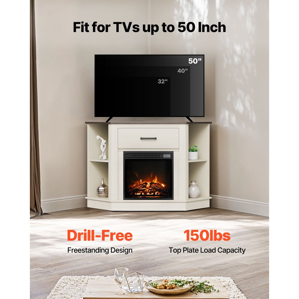 VEVOR Fireplace TV Stand infographic: fit for TVs up to 50 inch, drill-free freestanding design, 150 lbs top plate load capacity