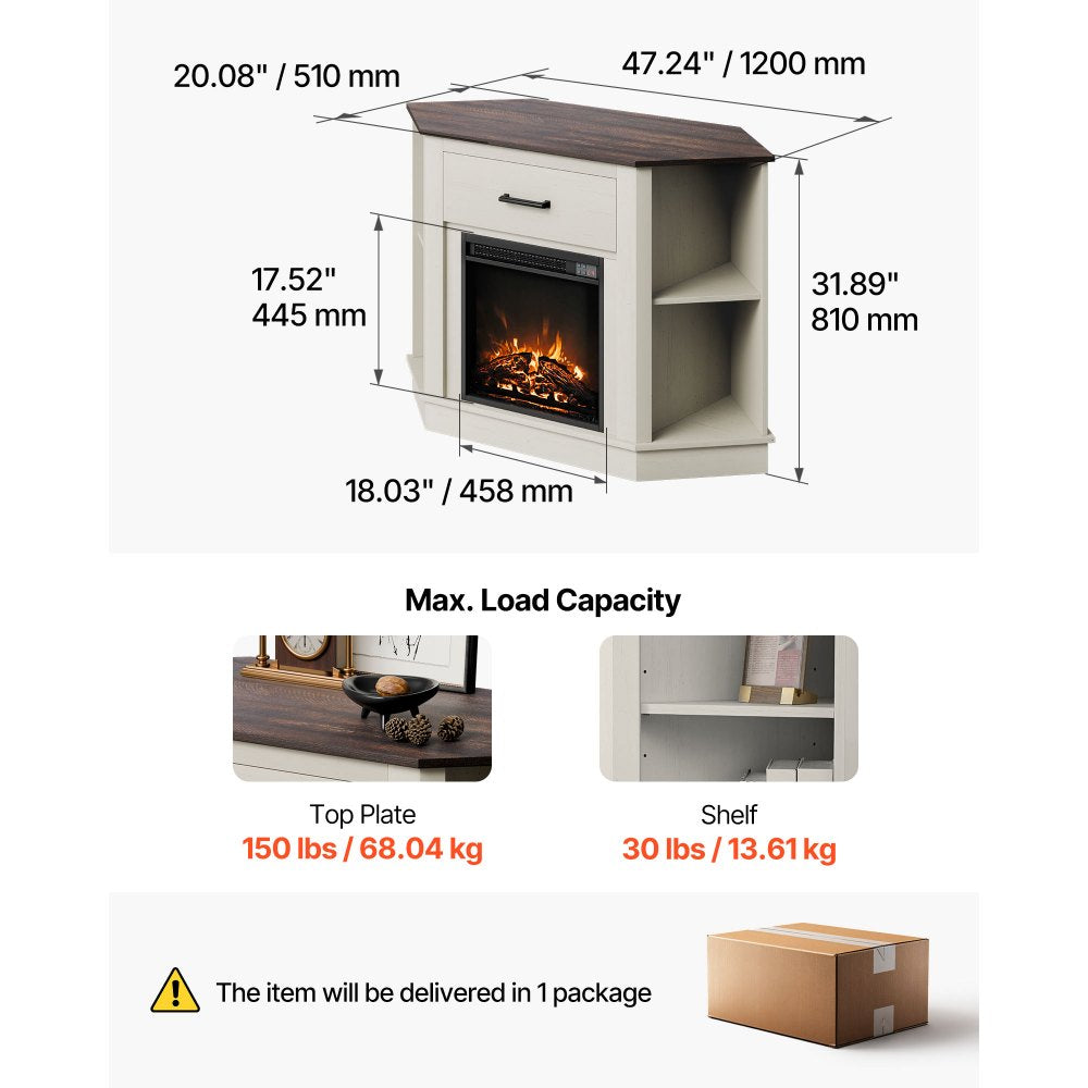 VEVOR Fireplace TV Stand dimensions and max load capacity infographic