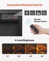 VEVOR Fireplace TV Stand infographic: convenient infrared remote control and 4-level flame brightness
