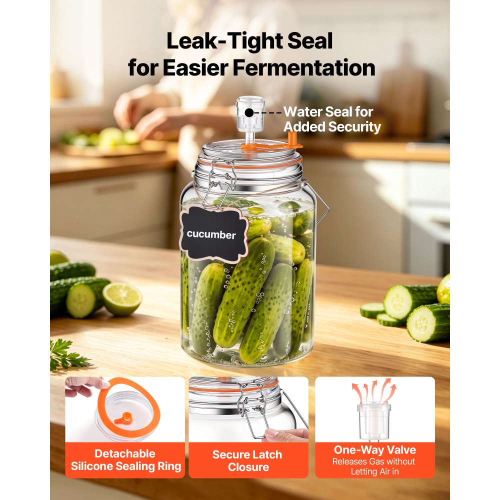 VEVOR 1 Gallon Glass Fermentation Jar, Wide Mouth Container Kit, 2-Pack, for Making Sauerkraut, Kimchi, Pickles and Vegetables, Glass Jars for Beginners with Airlocks, Latch Lids, and Silicone Rings