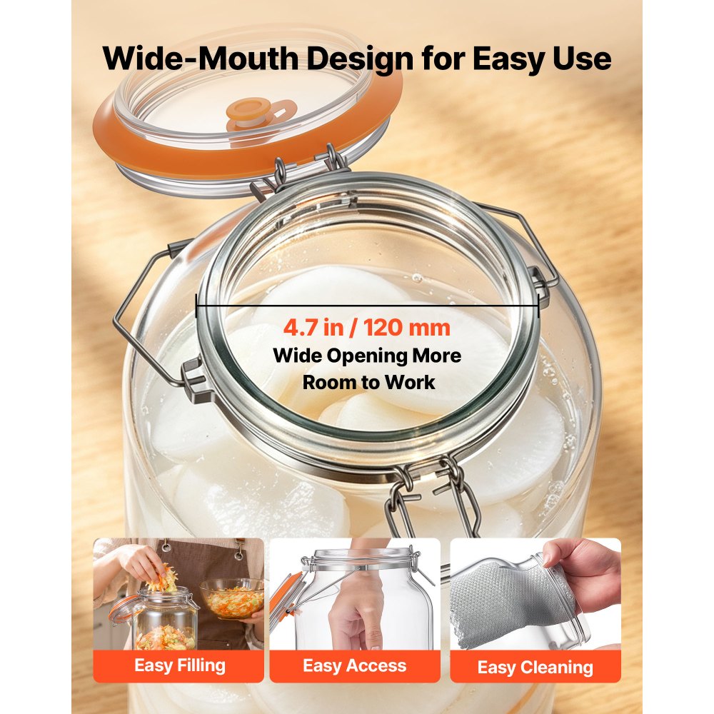 VEVOR 1 Gallon Glass Fermentation Jar, Wide Mouth Container Kit, 2-Pack, for Making Sauerkraut, Kimchi, Pickles and Vegetables, Glass Jars for Beginners with Airlocks, Latch Lids, and Silicone Rings