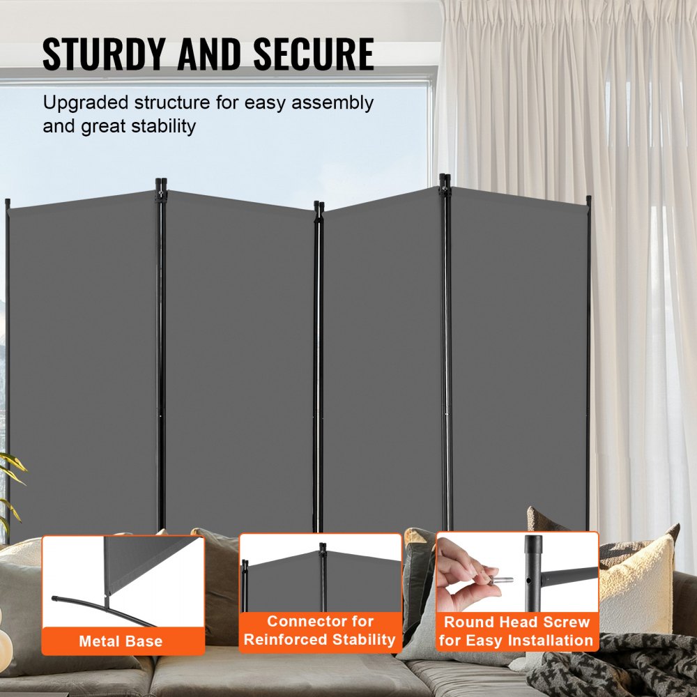 VEVOR Room Divider, 4 Panels Room Divider, Folding Privacy Screen and Portable Partition Divider for Room Separation, Freestanding Room Partitions for Office, Bedroom, Study, Grey