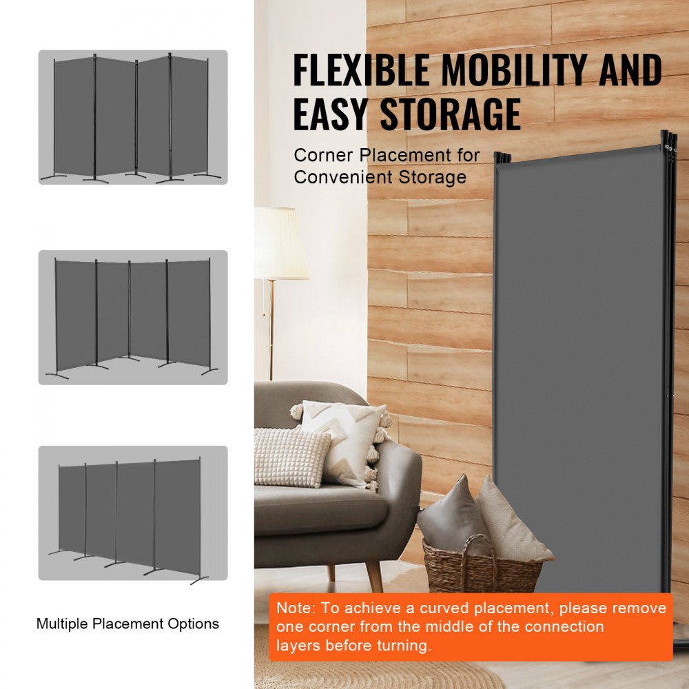 VEVOR Room Divider, 4 Panels Room Divider, Folding Privacy Screen and Portable Partition Divider for Room Separation, Freestanding Room Partitions for Office, Bedroom, Study, Grey