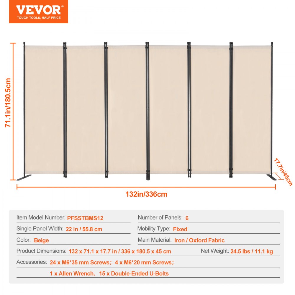 VEVOR Room Divider, 6 Panel Room Divider, Folding Privacy Screen and Portable Partition Divider for Room Separation, Freestanding Room Partitions for Office, Bedroom, Study, Beige