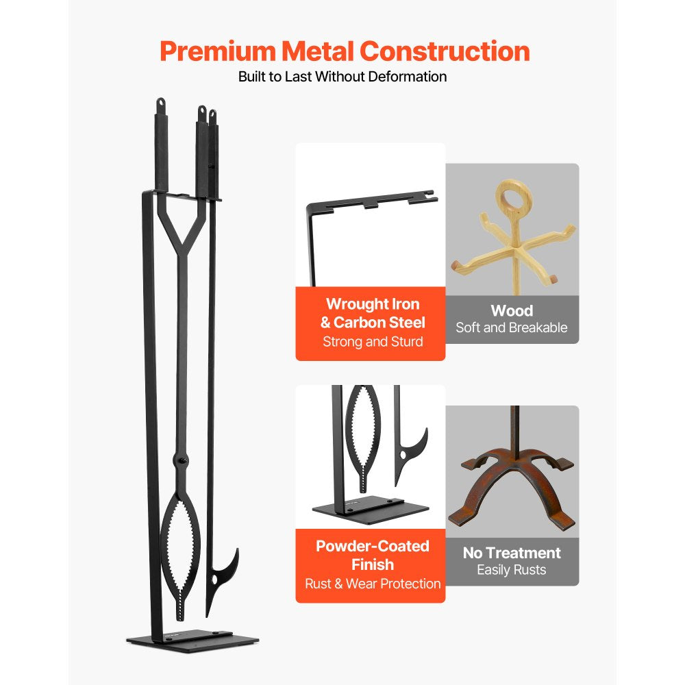 VEVOR Fireplace Tool Set, 3 PCS Fire Tool Set and Holder with Stand, Tongs, Fire Place Poker, Wrought Iron Fireplace Accessories for Campfire Backyard Bonfire Indoor/Outdoor, Black