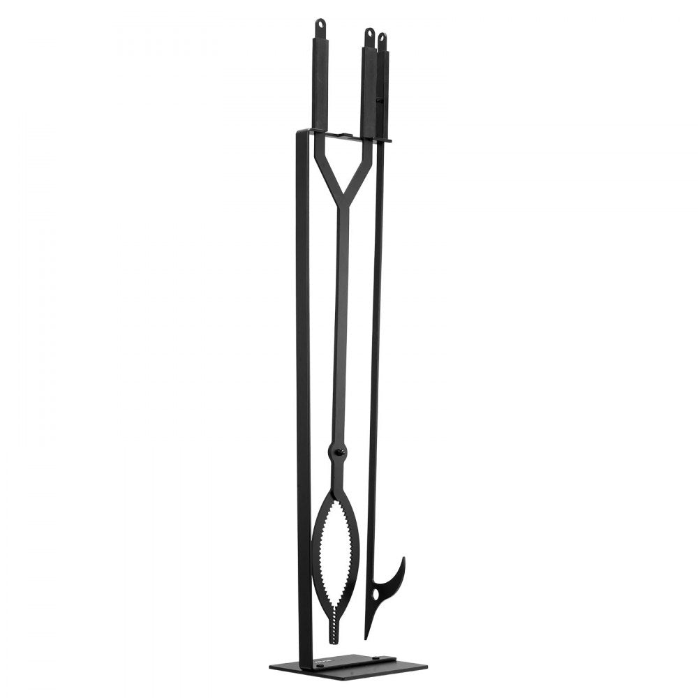 VEVOR Fireplace Tool Set, 3 PCS Fire Tool Set and Holder with Stand, Tongs, Fire Place Poker, Wrought Iron Fireplace Accessories for Campfire Backyard Bonfire Indoor/Outdoor, Black