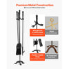 VEVOR Fireplace Tool Set, 4 PCS Fire Tool Set and Holder with Three-Prong Stand, Ash Shovel, Brush, Fire Place Poker, Wrought Iron Fireplace Accessories for Campfire Indoor/Outdoor, Black