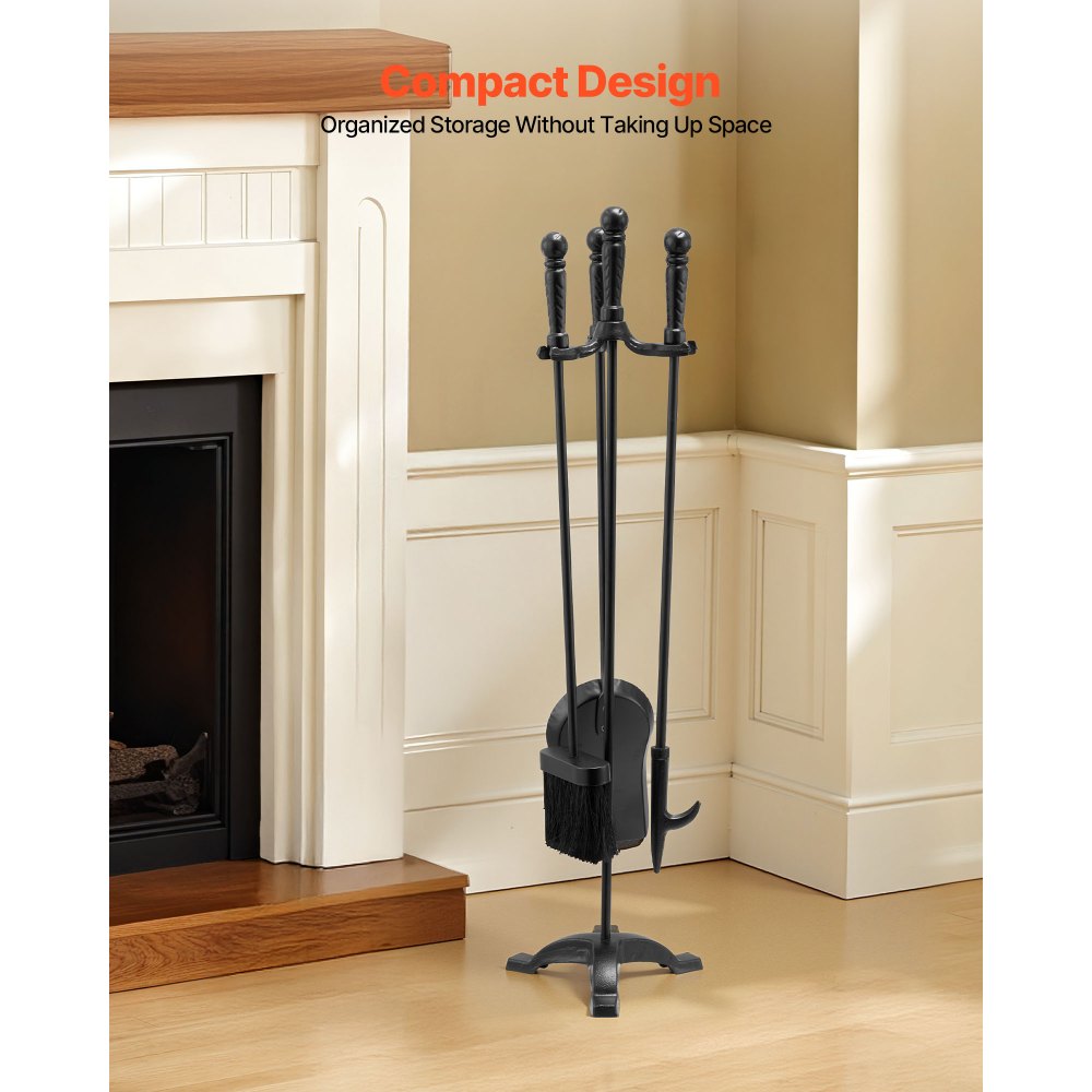 VEVOR Fireplace Tool Set, 4 PCS Fire Tool Set and Holder with Three-Prong Stand, Ash Shovel, Brush, Fire Place Poker, Wrought Iron Fireplace Accessories for Campfire Indoor/Outdoor, Black