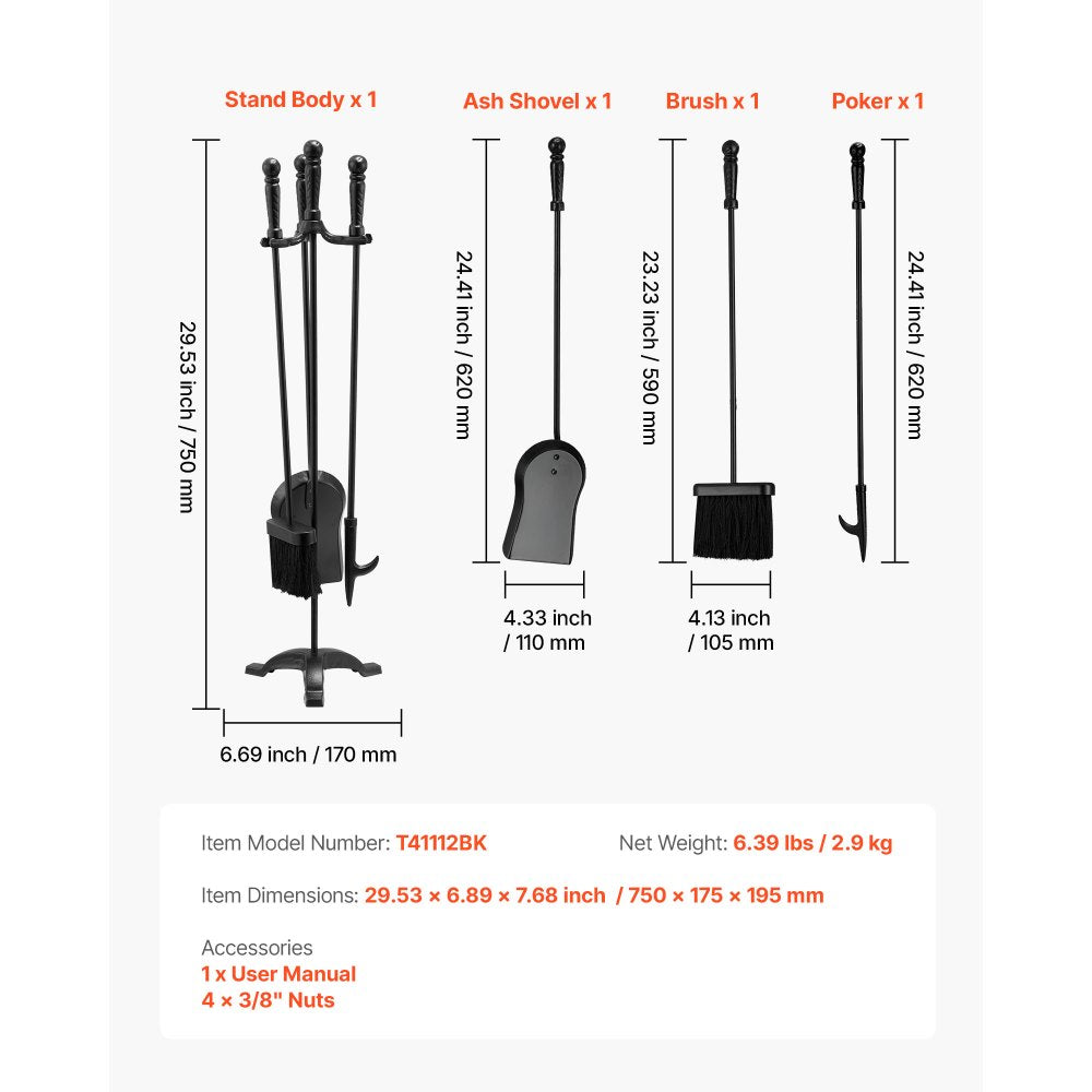 VEVOR Fireplace Tool Set, 4 PCS Fire Tool Set and Holder with Three-Prong Stand, Ash Shovel, Brush, Fire Place Poker, Wrought Iron Fireplace Accessories for Campfire Indoor/Outdoor, Black