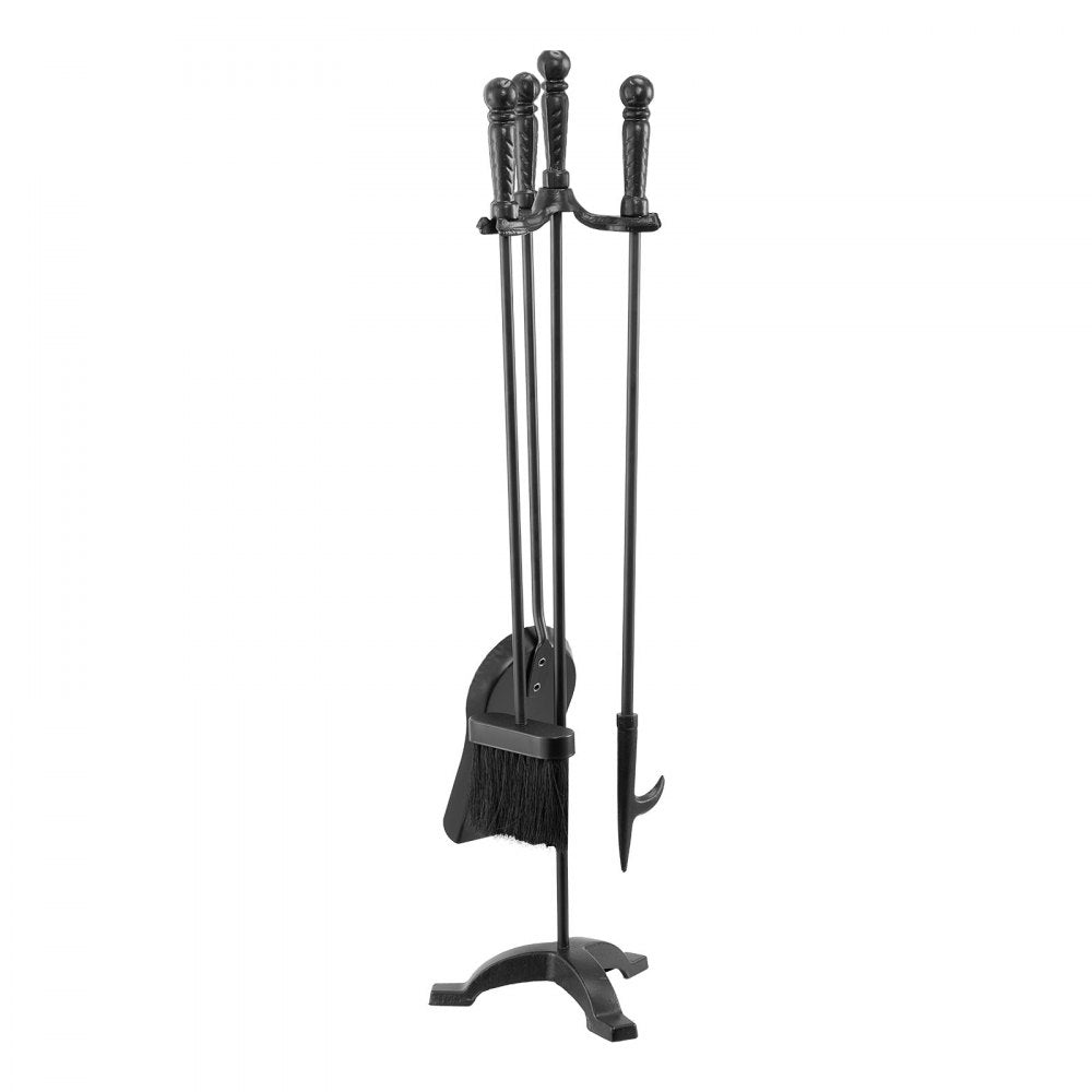 VEVOR Fireplace Tool Set, 4 PCS Fire Tool Set and Holder with Three-Prong Stand, Ash Shovel, Brush, Fire Place Poker, Wrought Iron Fireplace Accessories for Campfire Indoor/Outdoor, Black