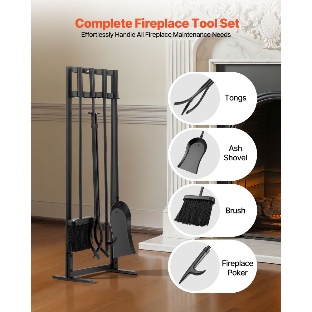 VEVOR Fireplace Tool Set, 5 PCS Fire Tool Set and Holder with Square-Frame Stand, Tongs, Ash Shovel, Brush, Fire Place Poker, Wrought Iron Steel Fireplace Accessories for Indoor/Outdoor, Black