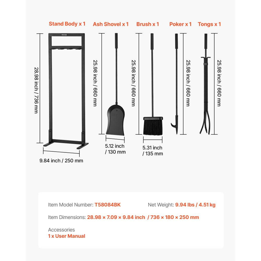 VEVOR Fireplace Tool Set, 5 PCS Fire Tool Set and Holder with Square-Frame Stand, Tongs, Ash Shovel, Brush, Fire Place Poker, Wrought Iron Steel Fireplace Accessories for Indoor/Outdoor, Black