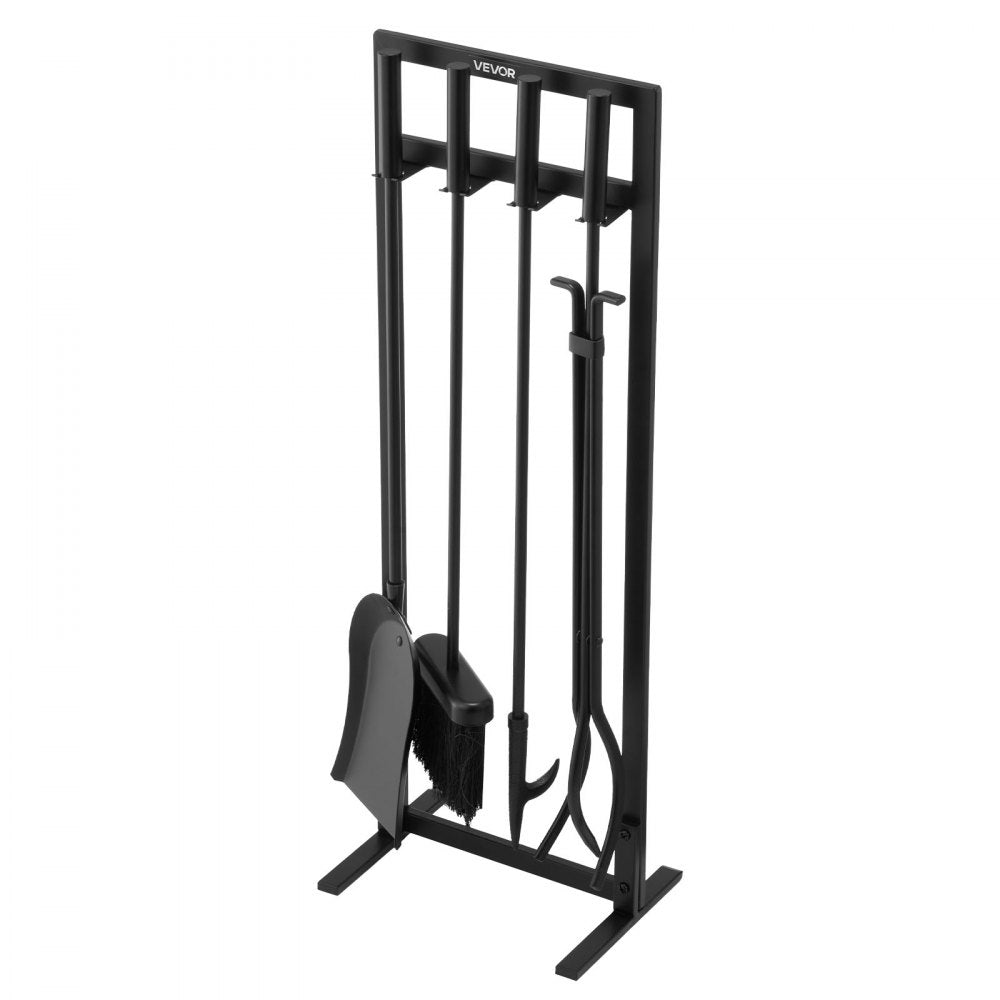 VEVOR Fireplace Tool Set, 5 PCS Fire Tool Set and Holder with Square-Frame Stand, Tongs, Ash Shovel, Brush, Fire Place Poker, Wrought Iron Steel Fireplace Accessories for Indoor/Outdoor, Black
