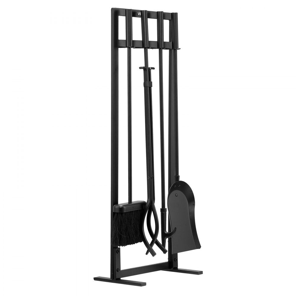VEVOR Fireplace Tool Set, 5 PCS Fire Tool Set and Holder with Square-Frame Stand, Tongs, Ash Shovel, Brush, Fire Place Poker, Wrought Iron Steel Fireplace Accessories for Indoor/Outdoor, Black