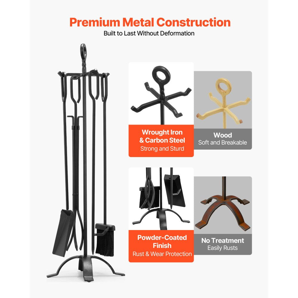 VEVOR Fireplace Tool Set, 5 PCS Fire Tool Set and Holder with Four-Prong Stand, Tongs, Ash Shovel, Brush, Fire Place Poker, Wrought Iron Fireplace Accessories for Campfire Indoor/Outdoor, Black