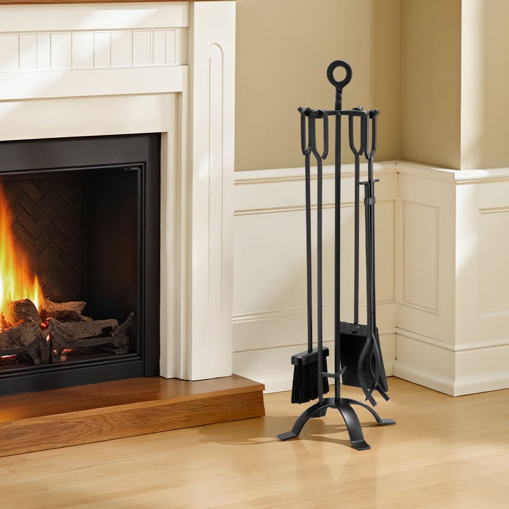 VEVOR Fireplace Tool Set, 5 PCS Fire Tool Set and Holder with Four-Prong Stand, Tongs, Ash Shovel, Brush, Fire Place Poker, Wrought Iron Fireplace Accessories for Campfire Indoor/Outdoor, Black