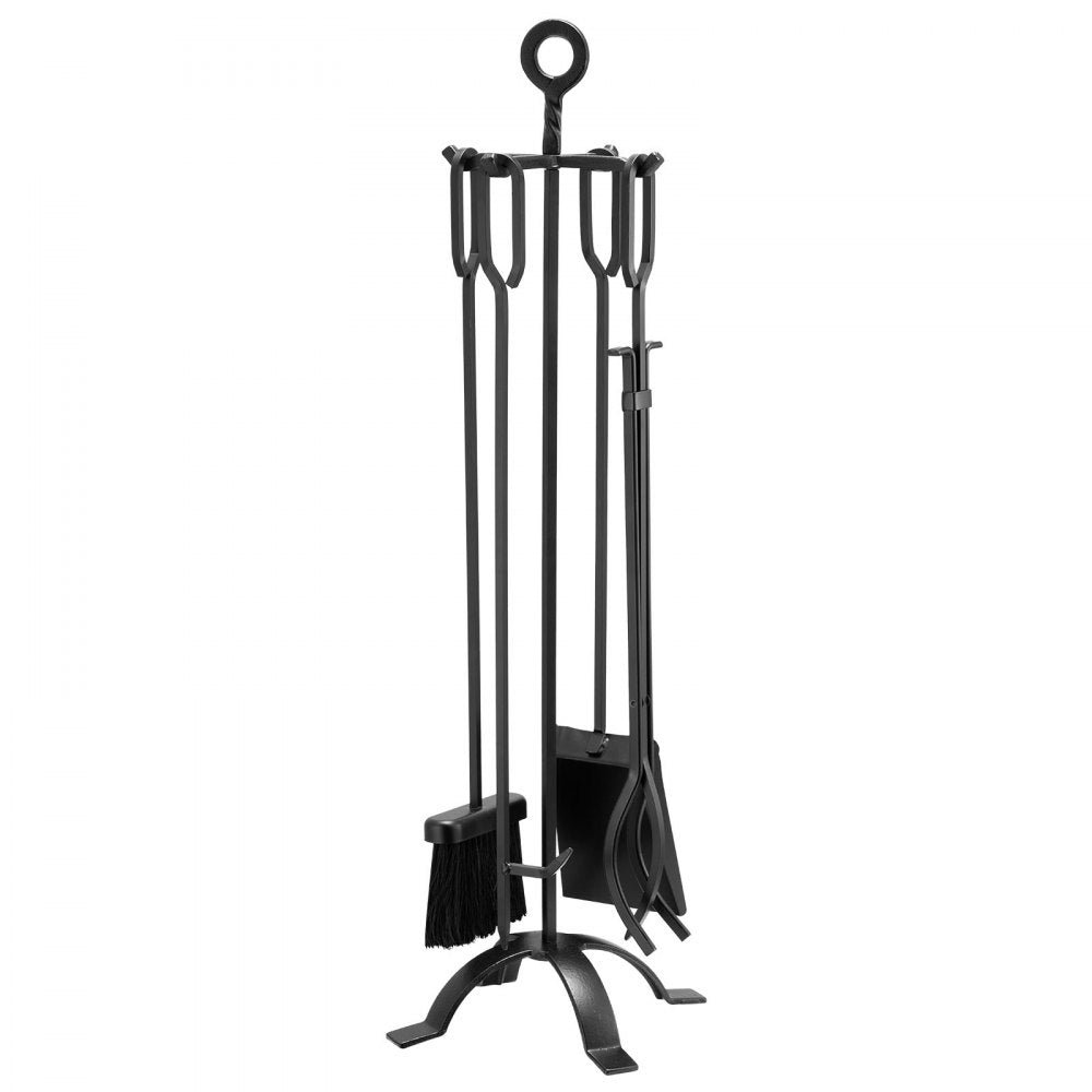 VEVOR Fireplace Tool Set, 5 PCS Fire Tool Set and Holder with Four-Prong Stand, Tongs, Ash Shovel, Brush, Fire Place Poker, Wrought Iron Fireplace Accessories for Campfire Indoor/Outdoor, Black