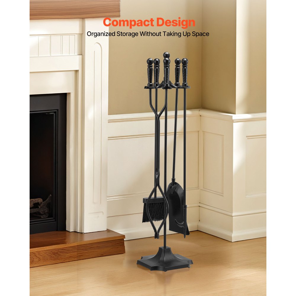 VEVOR Fireplace Tool Set, 5 PCS Fire Tool Set and Holder with Five-Prong Stand, Tongs, Ash Shovel, Brush, Fire Place Poker, Wrought Iron Fireplace Accessories for Campfire Indoor/Outdoor, Black