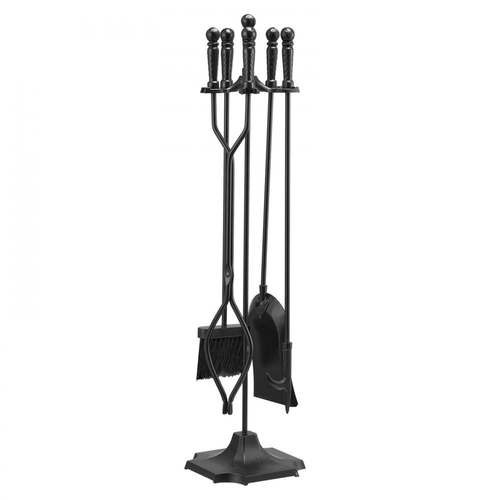 VEVOR Fireplace Tool Set, 5 PCS Fire Tool Set and Holder with Five-Prong Stand, Tongs, Ash Shovel, Brush, Fire Place Poker, Wrought Iron Fireplace Accessories for Campfire Indoor/Outdoor, Black