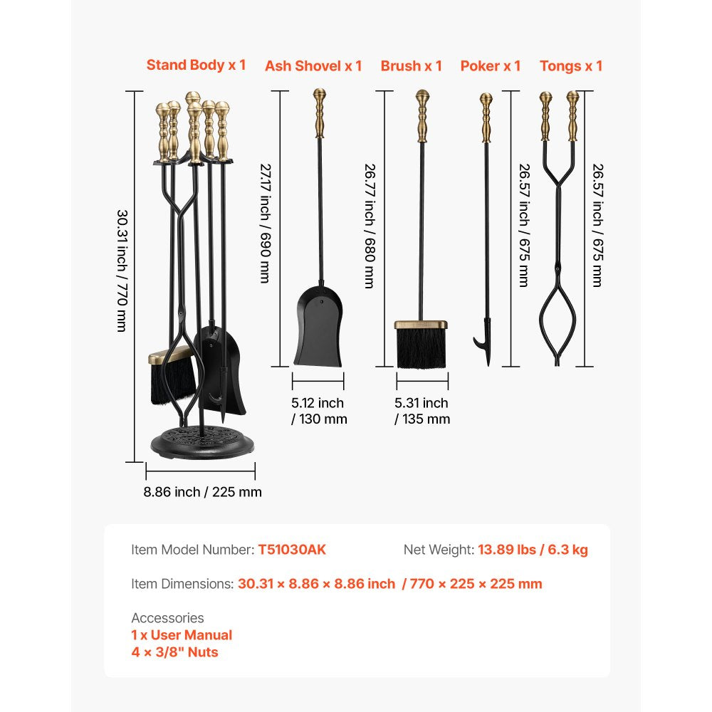 VEVOR Fireplace Tool Set, 5 PCS Fire Tool Set and Holder with Five-Prong Stand, Tongs, Ash Shovel, Brush, Fire Place Poker, Wrought Iron Fireplace Accessories for Indoor/Outdoor, Black & Brass