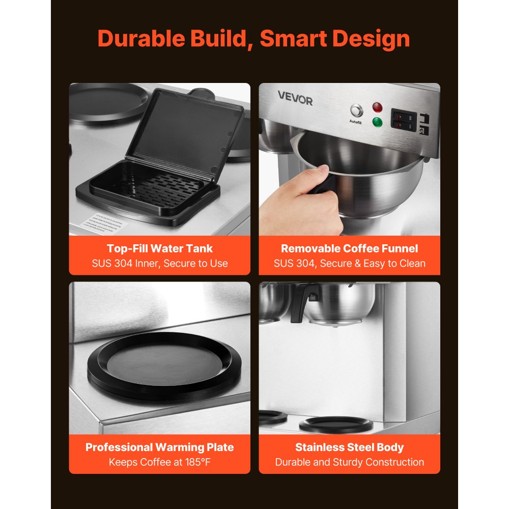 Durable build and smart design (top-fill water tank, removable funnel, warming plate, stainless body)
