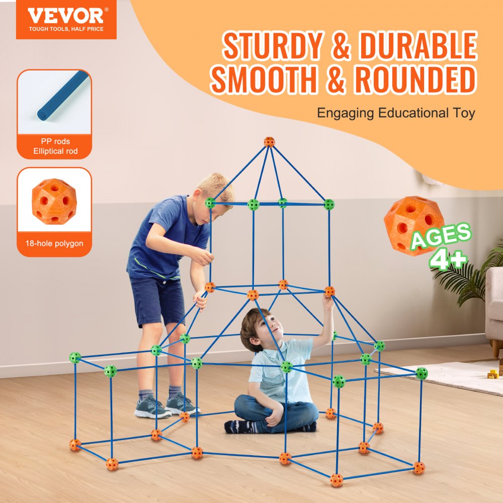 VEVOR Fort Building Kit for Kids, 120PCS STEM Building Toys, Educational Gift for 4 5 6 7 8+ Year Old Boys & Girls, Indoor Outdoor Play Tent Builder Set Construction Toys with 80 Rods and 40 Balls