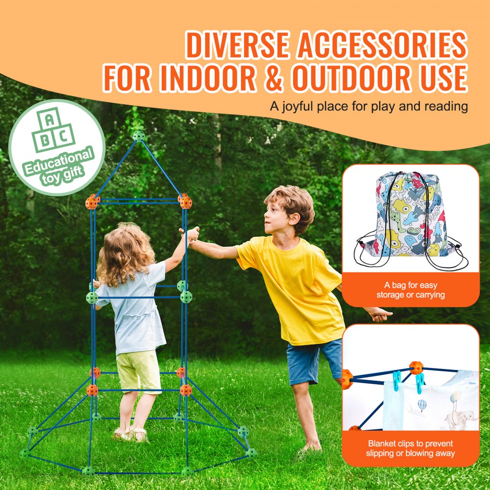 VEVOR Fort Building Kit for Kids, 120PCS STEM Building Toys, Educational Gift for 4 5 6 7 8+ Year Old Boys & Girls, Indoor Outdoor Play Tent Builder Set Construction Toys with 80 Rods and 40 Balls
