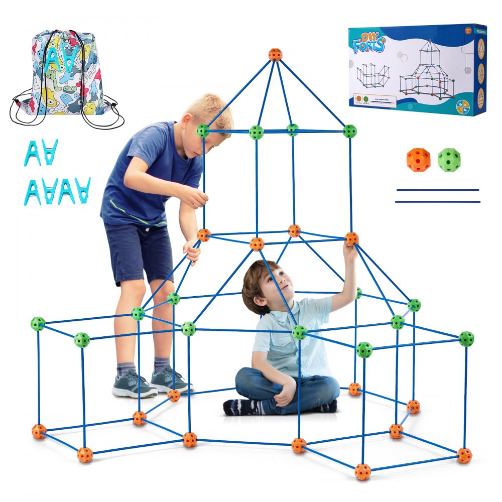 VEVOR Fort Building Kit for Kids, 120PCS STEM Building Toys, Educational Gift for 4 5 6 7 8+ Year Old Boys & Girls, Indoor Outdoor Play Tent Builder Set Construction Toys with 80 Rods and 40 Balls