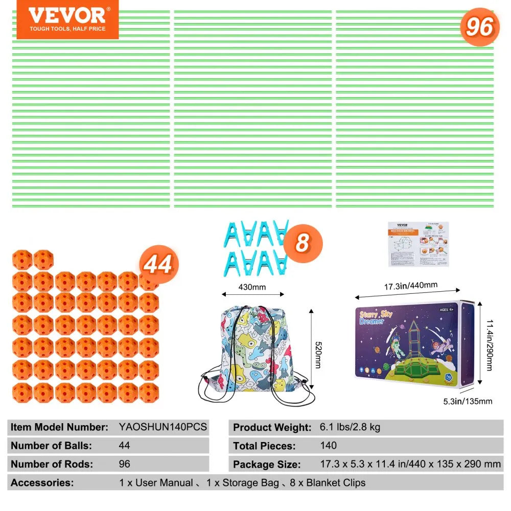 VEVOR Fort Building Kit for Kids, 140PCS Glow in The Dark STEM Building Toys, Educational Gift for 4 5 6 7 8+ Year Old Boys & Girls Indoor Outdoor Play Tent Construction Toys with 96 Rods and 44 Balls