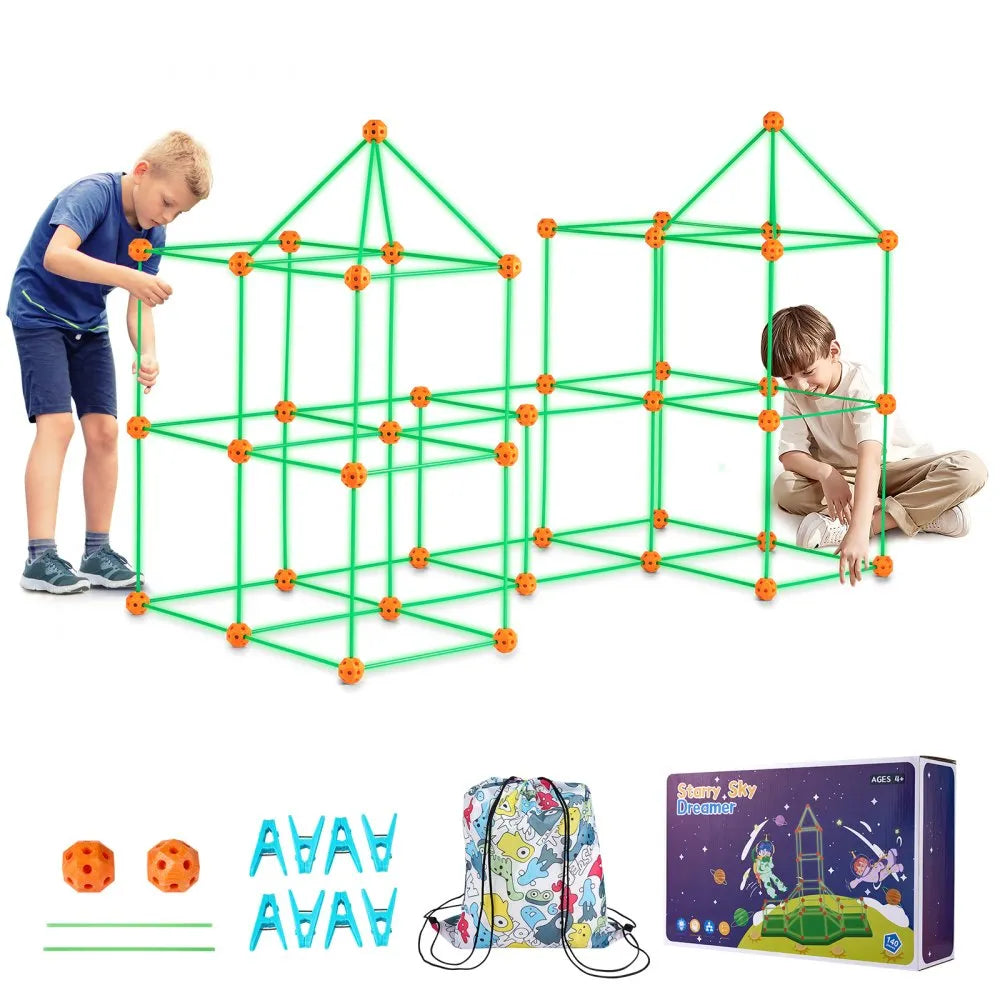 VEVOR Fort Building Kit for Kids, 140PCS Glow in The Dark STEM Building Toys, Educational Gift for 4 5 6 7 8+ Year Old Boys & Girls Indoor Outdoor Play Tent Construction Toys with 96 Rods and 44 Balls