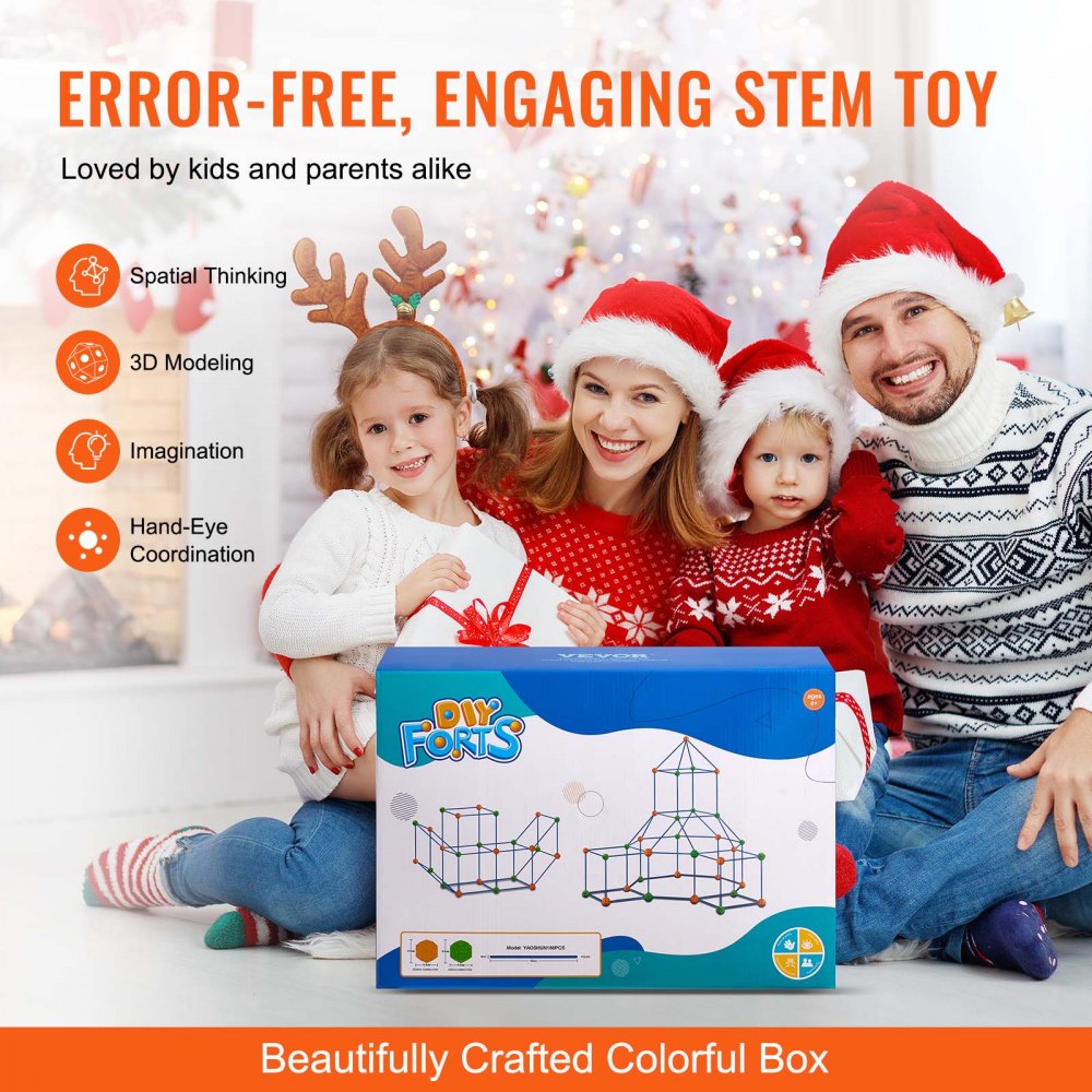 VEVOR Fort Building Kit for Kids, 180PCS STEM Building Toys, Educational Gift for 4 5 6 7 8+ Year Old Boys & Girls, Indoor Outdoor Play Tent Builder Set Construction Toys with 120 Rods and 60 Balls
