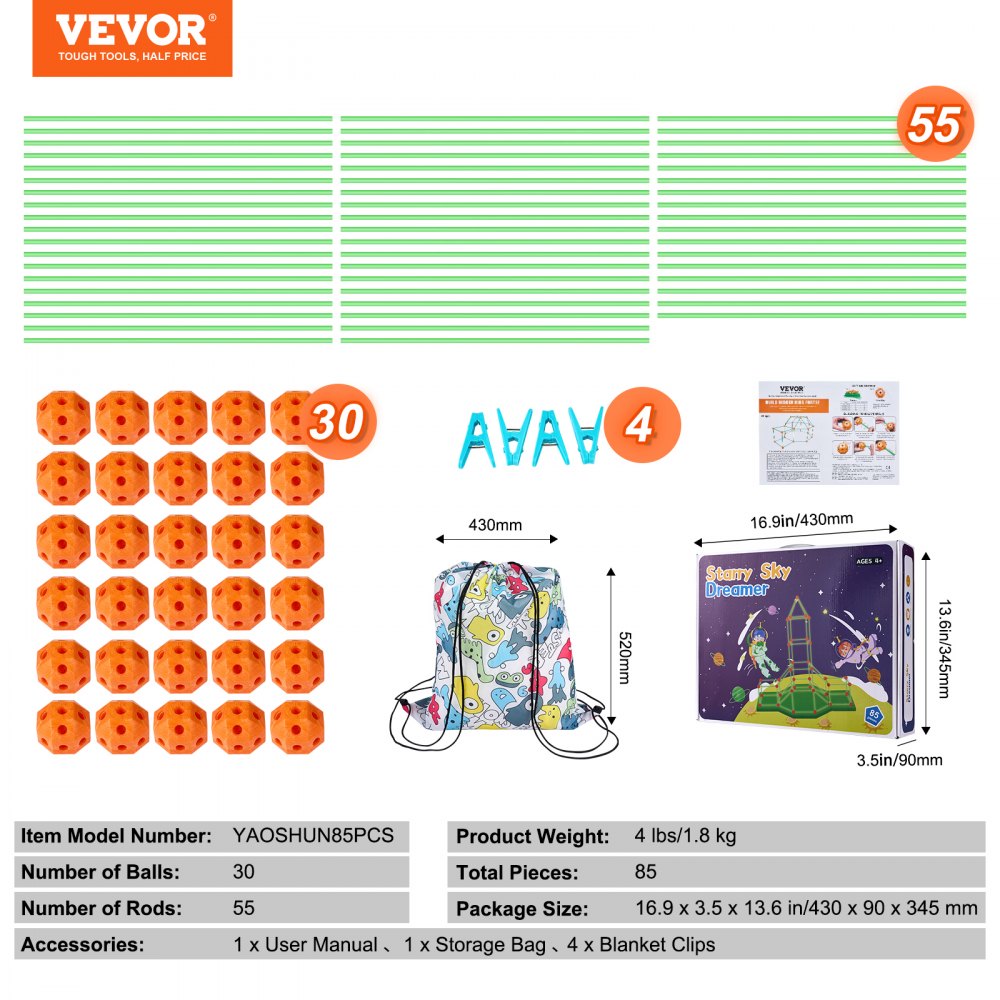 VEVOR Fort Building Kit for Kids, 85PCS Glow in The Dark STEM Building Toys, Educational Gift for 4 5 6 7 8+ Year Old Boys & Girls, Indoor Outdoor Play Tent Construction Toys with 55 Rods and 30 Balls