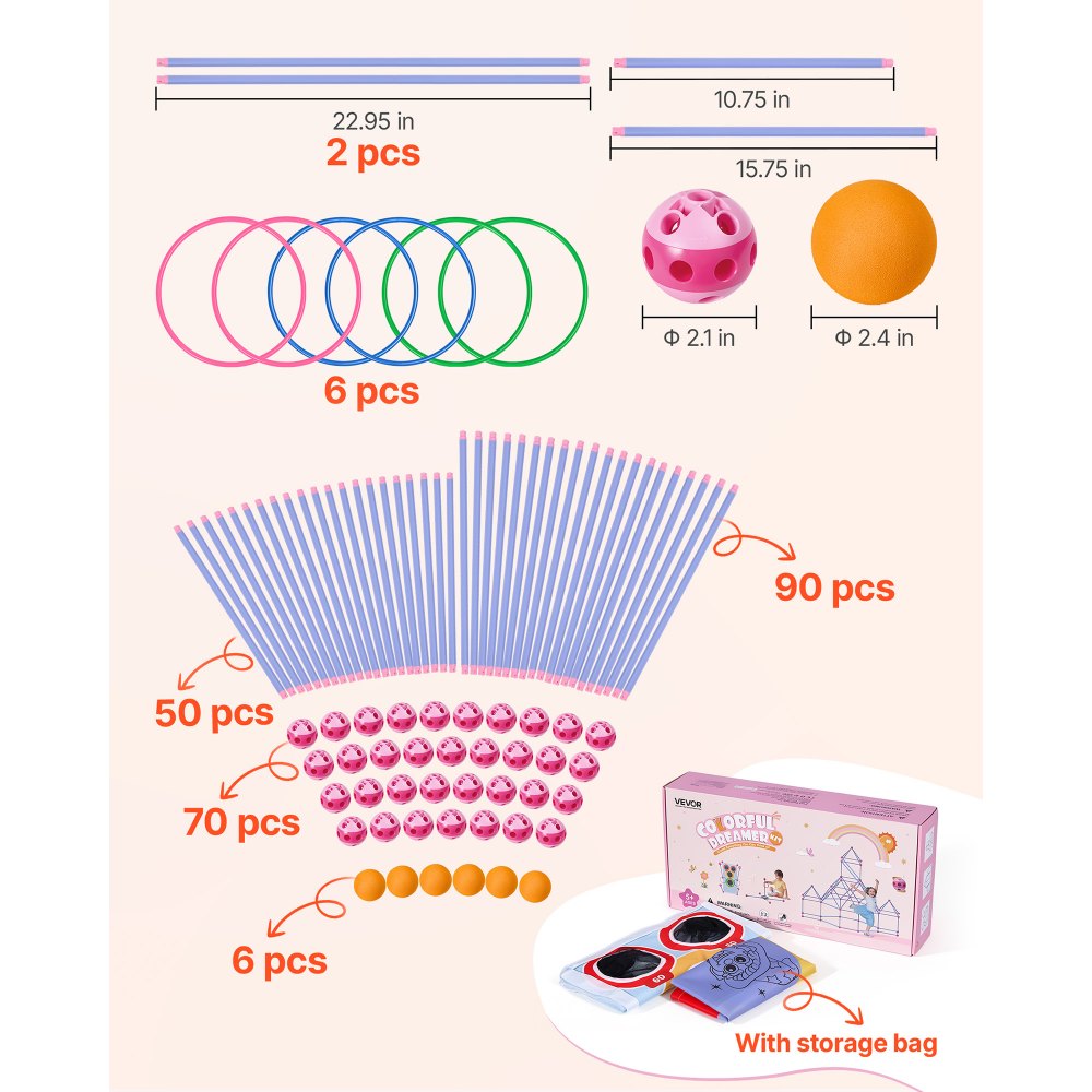 VEVOR Fort Building Kit for Kids, 225 PCS Creative STEM Construction Toys, for 4 5 6 7 8+ Year Old Boys Girls, Upgraded Balls, Ring & Ball Toss, Educational Activity, Indoor Outdoor Play, Storage Bag