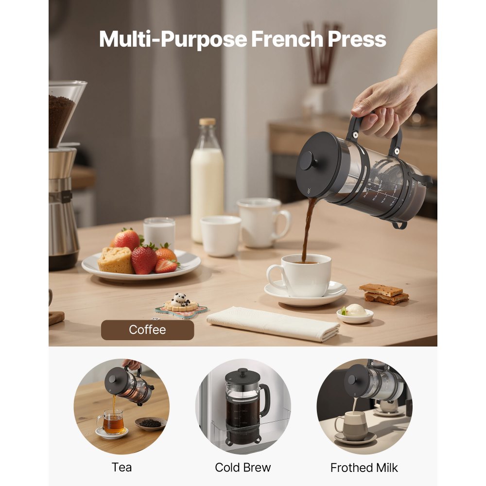 VEVOR French Press Coffee Maker, 34 Ounce 1 Liter Borosilicate Glass Coffee Press Tea Maker with Stainless Steel Filter, Large Glass French Presses Cold Brew for Camping Travel Home Kitchen, Silver