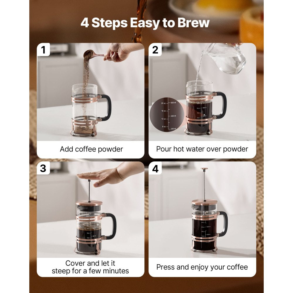 VEVOR French Press Coffee Maker, 34 Ounce 1 Liter Borosilicate Glass Coffee Press Tea Maker with Stainless Steel Filter, Large Glass French Presses Cold Brew for Camping Travel Home Kitchen, Copper