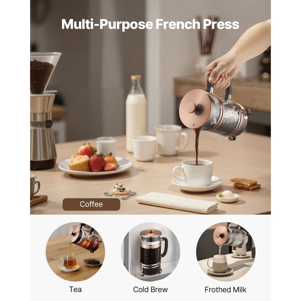 VEVOR French Press Coffee Maker, 34 Ounce 1 Liter Borosilicate Glass Coffee Press Tea Maker with Stainless Steel Filter, Large Glass French Presses Cold Brew for Camping Travel Home Kitchen, Copper