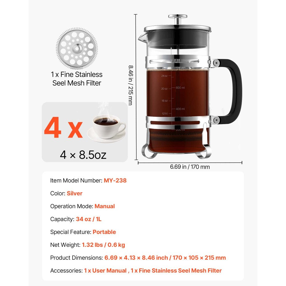 VEVOR French Press Coffee Maker, 34 Ounce 1 Liter Borosilicate Glass Coffee Press Tea Maker with Stainless Steel Filter, Large Glass French Presses Cold Brew for Camping Travel Home Kitchen, Silver