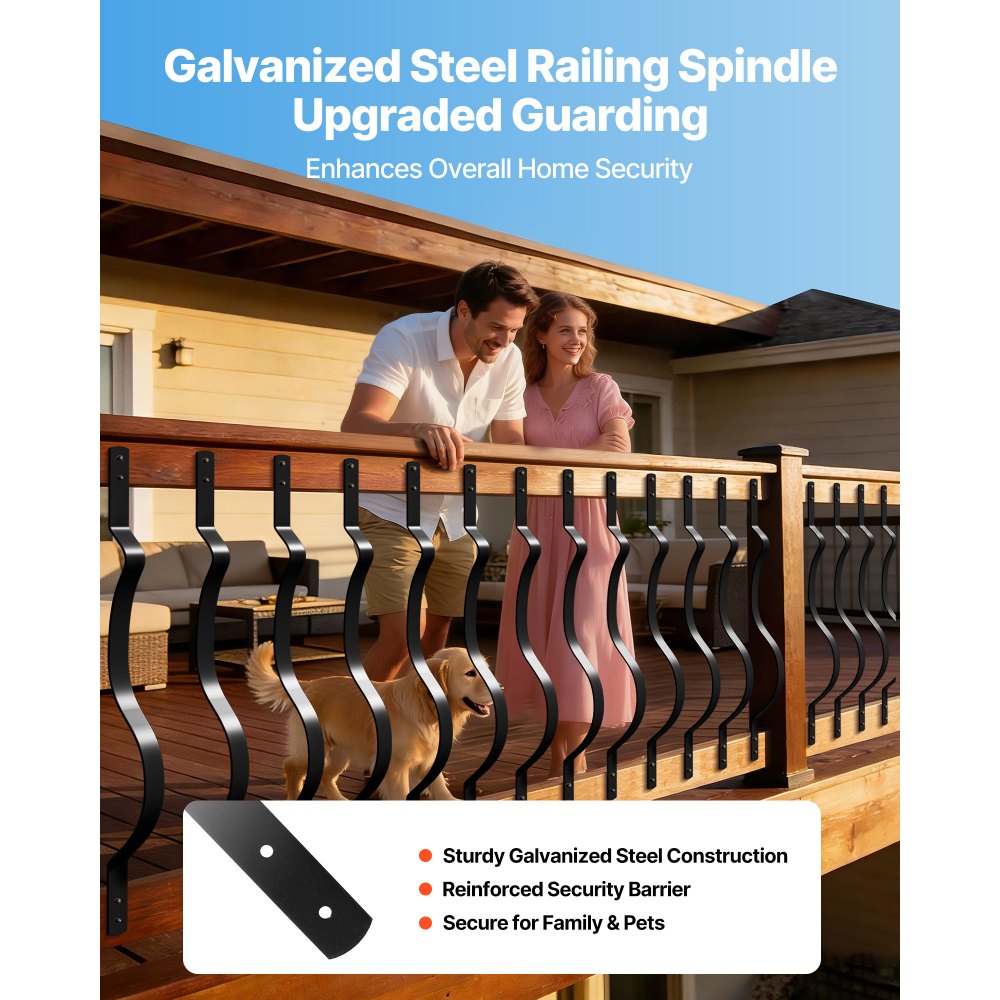 VEVOR 61 Pack Deck Balusters, 32.28 x 1 in Metal Railing Spindles, Galvanized Steel Decking Stair Balusters with Screws, Stylish Wavy Design for Outdoor Deck, Porch & Staircase Railing Fence, Black