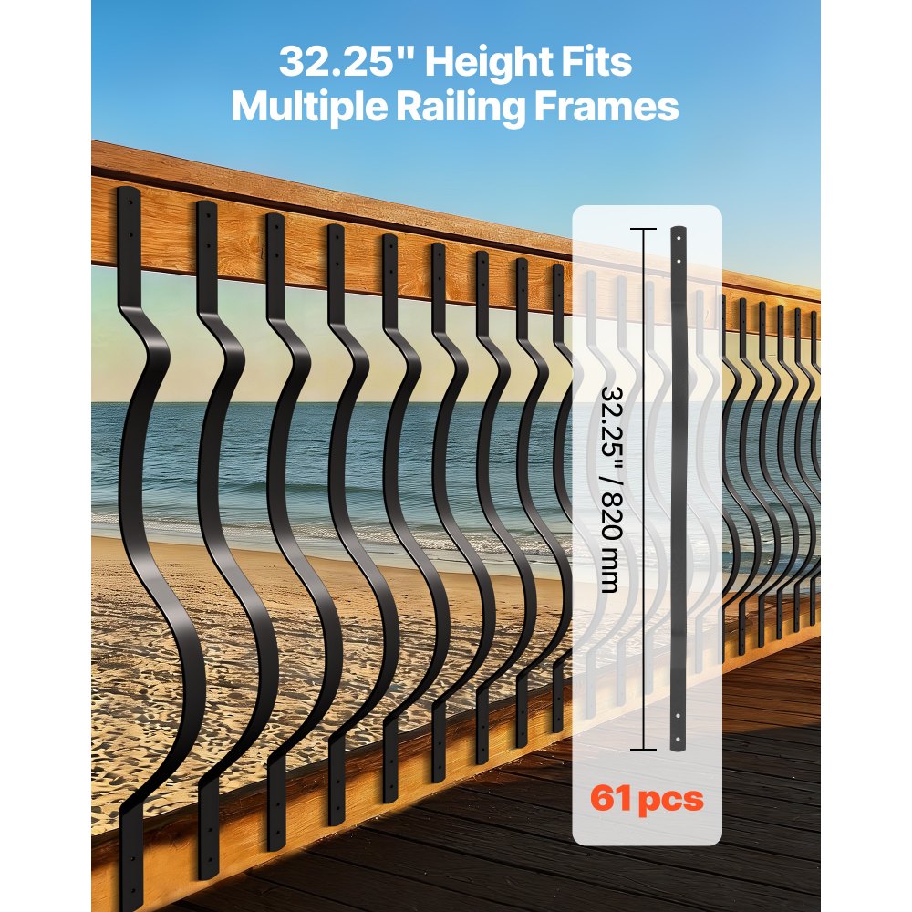 VEVOR 61 Pack Deck Balusters, 32.28 x 1 in Metal Railing Spindles, Galvanized Steel Decking Stair Balusters with Screws, Stylish Wavy Design for Outdoor Deck, Porch & Staircase Railing Fence, Black