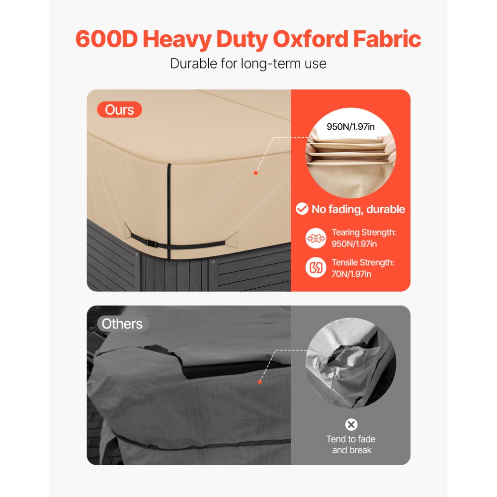 VEVOR Outdoor Hot Tub Cover, 90 x 90 x 20 Inch Weatherproof and Waterproof Hot Tub Cover Protector, 600D Heavy Duty Oxford Fabric and 950N Tearing Strength, Square Spa Covers for Hottub, Brown
